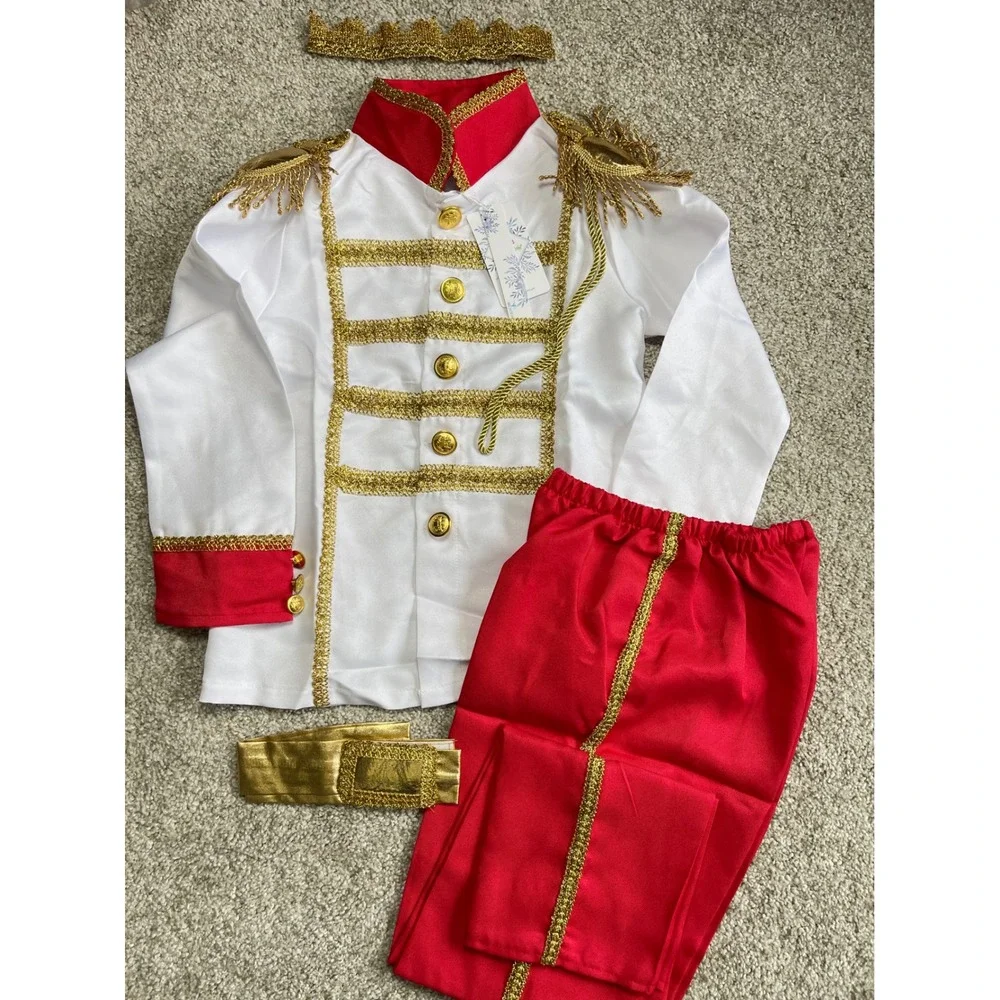 Prince Charming Royal Costume Boys L 12 White Red Gold Military Jacket Pants